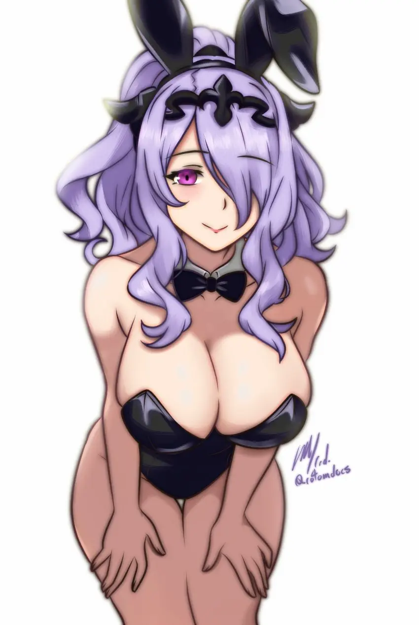 Image 1girls,bow,breasts,female,female_only,highres,large_breasts,long_hair,solo,hair_over_one_eye,ponytail,cleavage,wavy_hair,pink_eyes,bunny_ears,bunny_girl,purple_hair,nintendo,alternate_costume,fire_emblem,bunnysuit,playboy_bunny,fire_emblem_fates,alternate_hairstyle,bowtie,black_bow,black_bowtie,camilla_(fire_emblem),rotomdocs