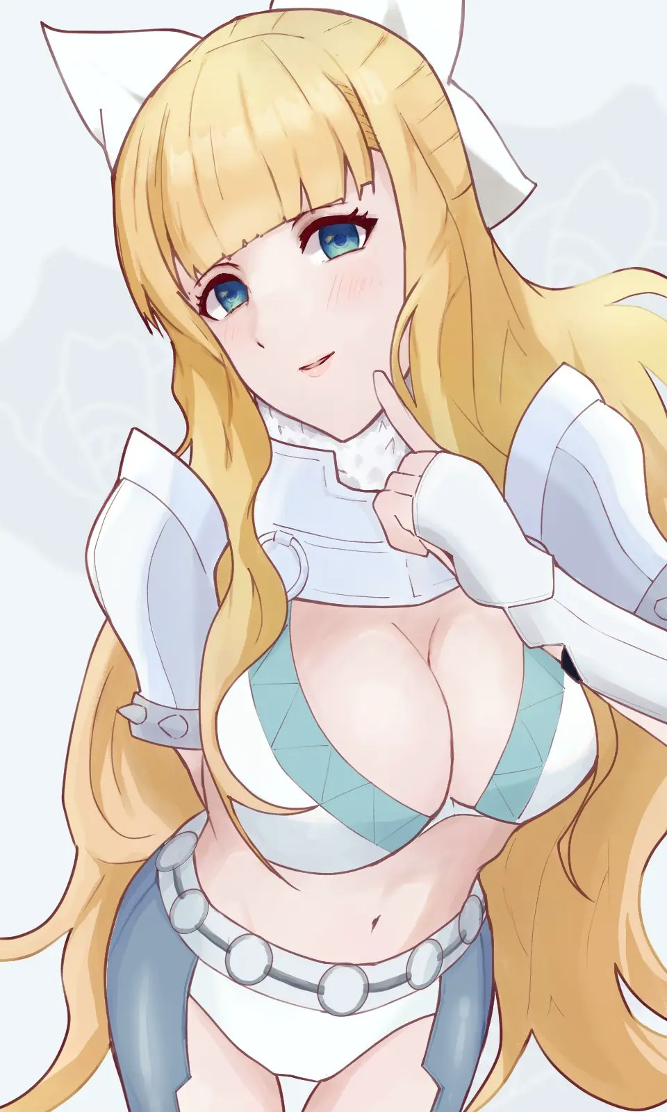 Image bow,breasts,female,hairbow,highres,large_breasts,solo,blunt_bangs,navel,panties,underwear,thighs,bare_thighs,cleavage,wavy_hair,blonde_hair,white_panties,fire_emblem,fire_emblem_fates,armor,white_bow,inner_thighs,bikini_armor,pauldrons,shoulder_armor,charlotte_(fire_emblem),strixinkagoshim