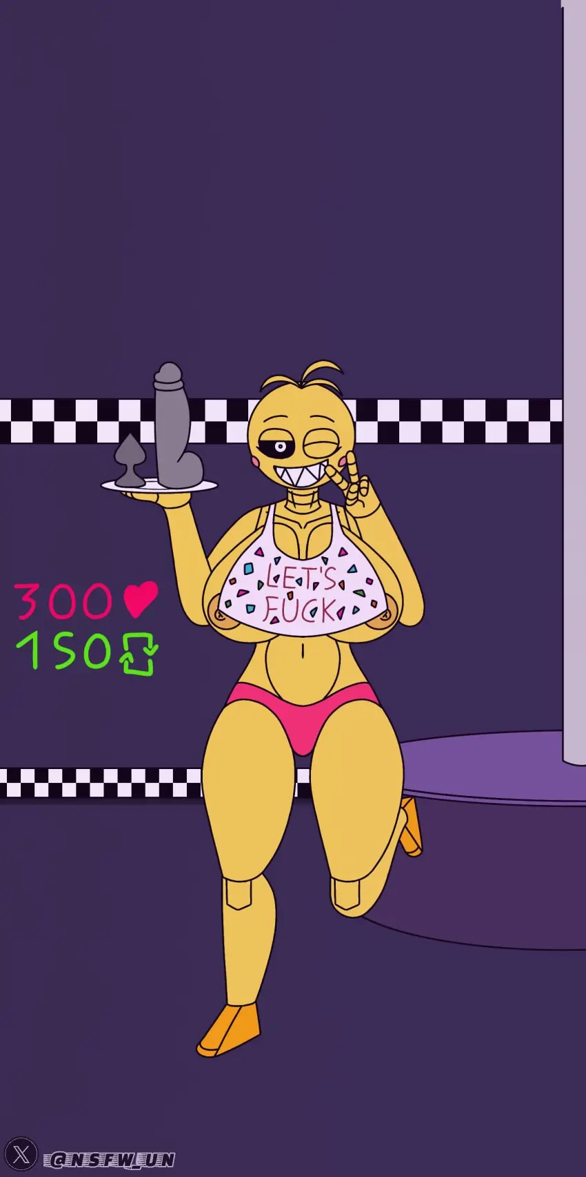 Image big_breasts,breasts,female,solo,big_hips,robot,robot_girl,twitter_username,five_nights_at_freddy's,five_nights_at_freddy's_2,toy_chica_(fnaf),strip_game,therobotnsfw