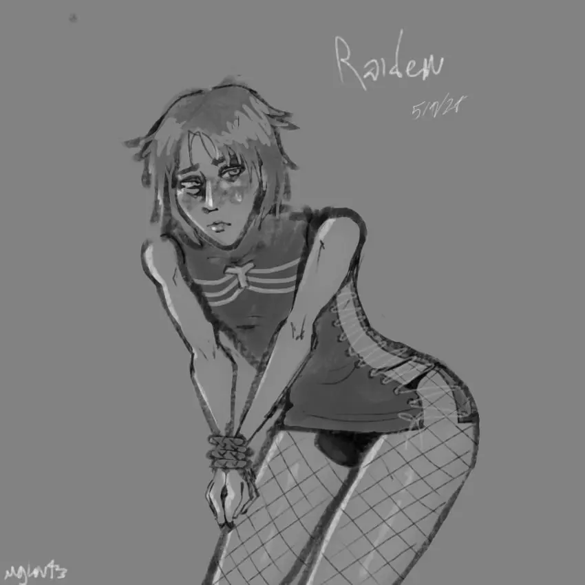 Image blush,1boy,male,sweat,crossdressing,dress,black_and_white,short_dress,fishnets,tied,tied_hands,hands_tied,buldge,crossdressing_male,shiny_thighs,metal_gear,metal_gear_solid,slit_dress,mini_dress,raiden_(metal_gear),metal_gear_solid_2