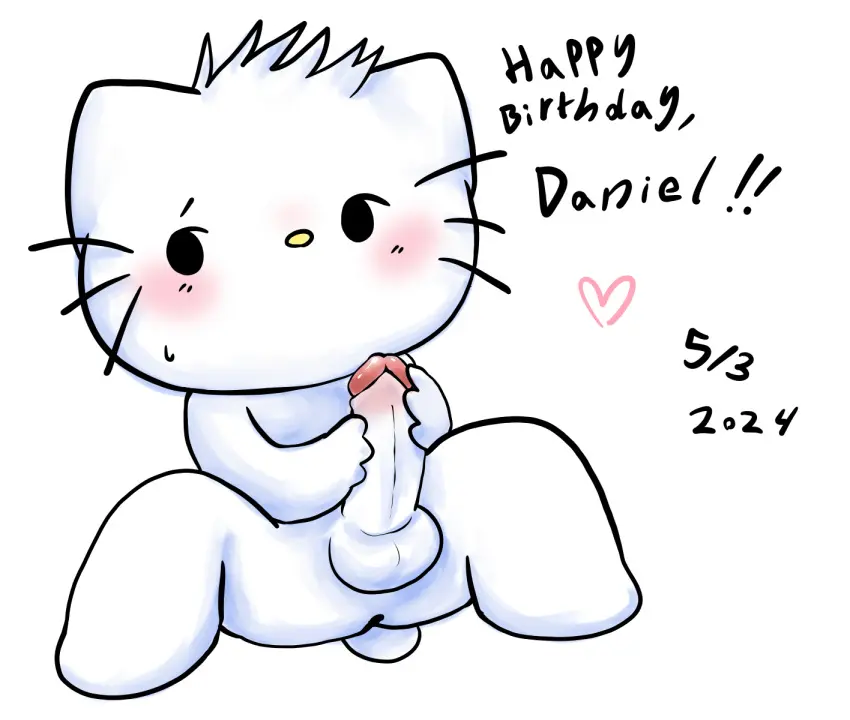 Image blush,hi_res,solo,male,penis,big_penis,looking_away,anthro,masturbation,fur,genitals,mammal,feline,2024,white_body,white_fur,felid,chibi,domestic_cat,felis,sanrio,dear_daniel,hello_kitty,hello_kitty_(series),bobtail_cat,kittystarr
