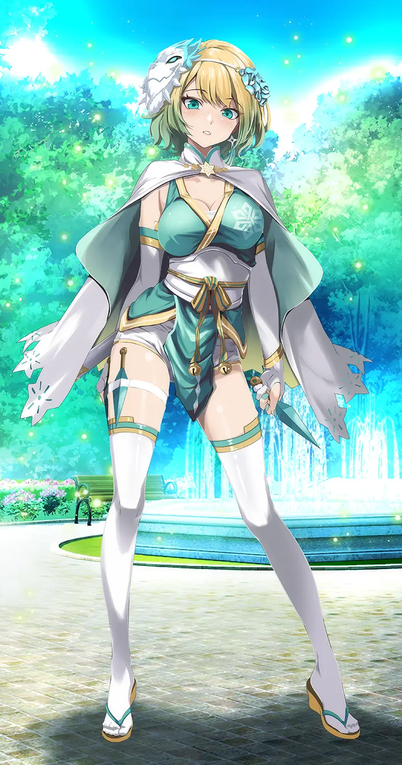 Image 1girls,breasts,female,female_only,highres,looking_at_viewer,solo,standing,bangs,blue_eyes,elbow_gloves,gloves,short_hair,thighhighs,panties,underwear,earrings,thighs,gradient_hair,multicolored_hair,water,bare_thighs,cleavage,jewelry,blonde_hair,medium_breasts,nail_polish,clenched_teeth,nintendo,outdoors,cape,white_panties,white_gloves,official_alternate_costume,alternate_costume,holding,fire_emblem,fire_emblem_heroes,tree,fingerless_gloves,yellow_hair,blue_nails,full_body,holding_weapon,ninja,shuriken,weapon,day,sunlight,kunai,sandals,mask,sword,white_shorts,bell,white_thighhighs,zouri,pelvic_curtain,slender_legs,park,looking_to_the_side,bench,bush,knife,road,sarashi,fjorm_(fire_emblem),fountain,slender,park_bench,white_mask,mask_on_head,bloom,chest_sarashi,tsukishiro_saika