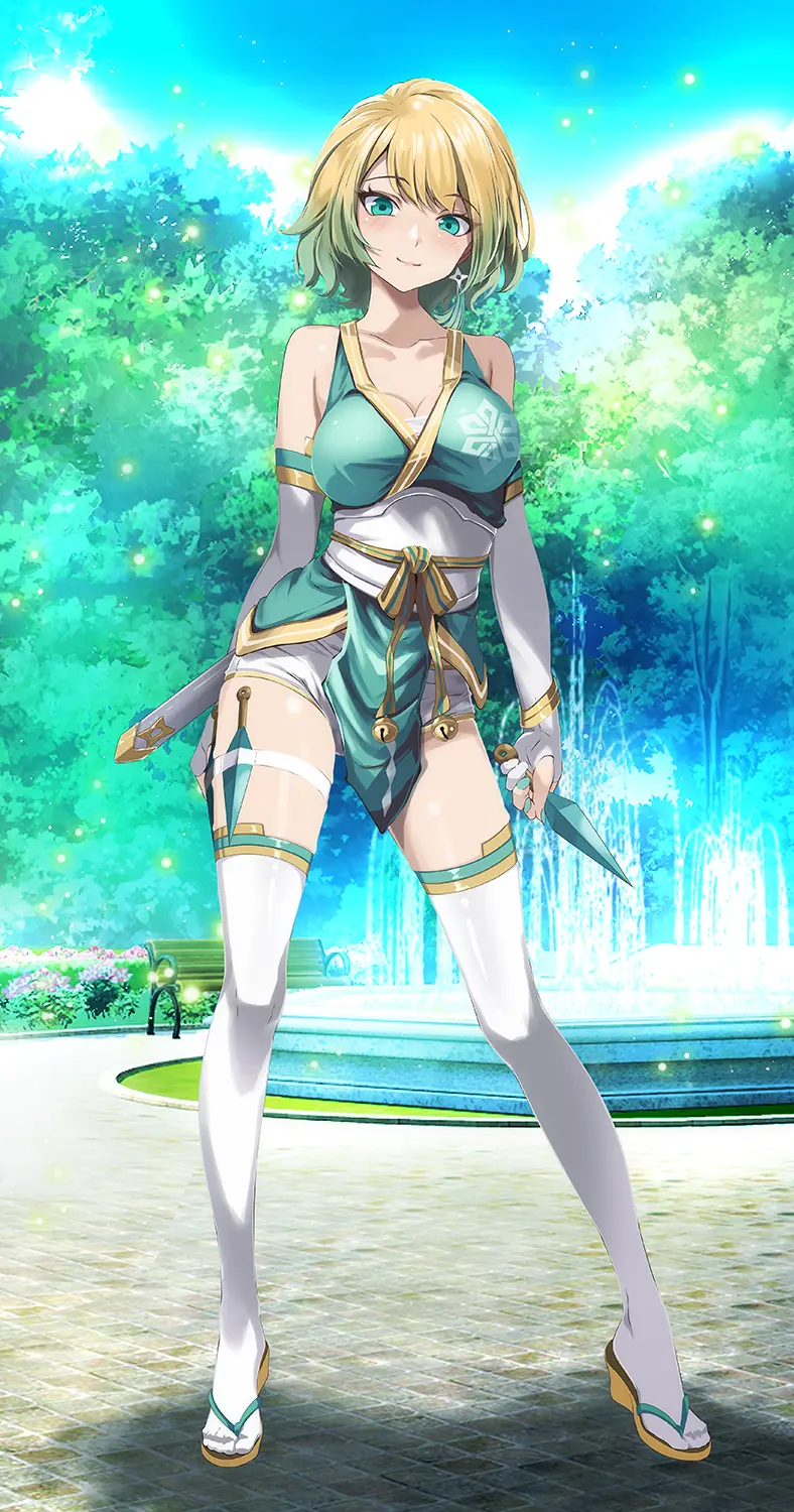 Image 1girls,breasts,female,female_only,highres,looking_at_viewer,smile,solo,standing,bangs,blue_eyes,elbow_gloves,gloves,short_hair,thighhighs,panties,underwear,earrings,thighs,gradient_hair,multicolored_hair,water,bare_shoulders,bare_thighs,cleavage,collarbone,jewelry,shoulders,blonde_hair,medium_breasts,nail_polish,nintendo,outdoors,white_panties,white_gloves,official_alternate_costume,alternate_costume,holding,fire_emblem,fire_emblem_heroes,tree,fingerless_gloves,yellow_hair,blue_nails,full_body,holding_weapon,ninja,shuriken,weapon,day,sunlight,kunai,sandals,sword,white_shorts,bell,white_thighhighs,zouri,pelvic_curtain,slender_legs,park,bench,bush,knife,road,sarashi,fjorm_(fire_emblem),fountain,slender,park_bench,white_mask,bloom,chest_sarashi,tsukishiro_saika