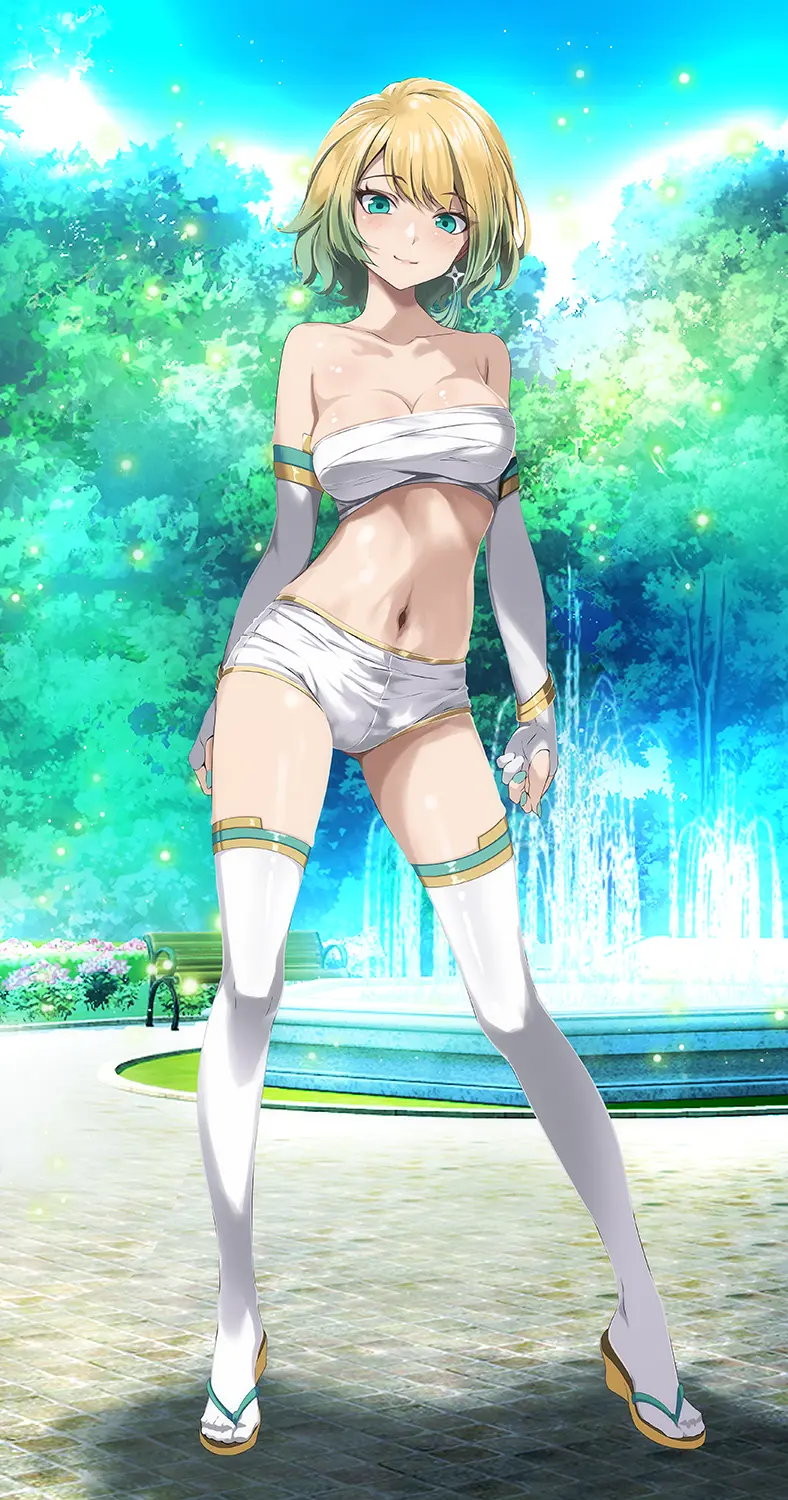 Image 1girls,breasts,female,female_only,highres,looking_at_viewer,smile,solo,bangs,blue_eyes,elbow_gloves,gloves,navel,short_hair,thighhighs,panties,underwear,earrings,thighs,gradient_hair,multicolored_hair,water,bare_midriff,bare_shoulders,bare_thighs,cleavage,collarbone,jewelry,midriff,shoulders,blonde_hair,medium_breasts,nail_polish,nintendo,outdoors,white_panties,white_gloves,official_alternate_costume,alternate_costume,fire_emblem,fire_emblem_heroes,tree,fingerless_gloves,yellow_hair,blue_nails,ninja,shuriken,weapon,day,sunlight,kunai,sandals,bandages,white_shorts,white_thighhighs,zouri,slender_legs,park,bench,bush,road,sarashi,fjorm_(fire_emblem),fountain,slender,park_bench,white_mask,bloom,chest_sarashi,tsukishiro_saika