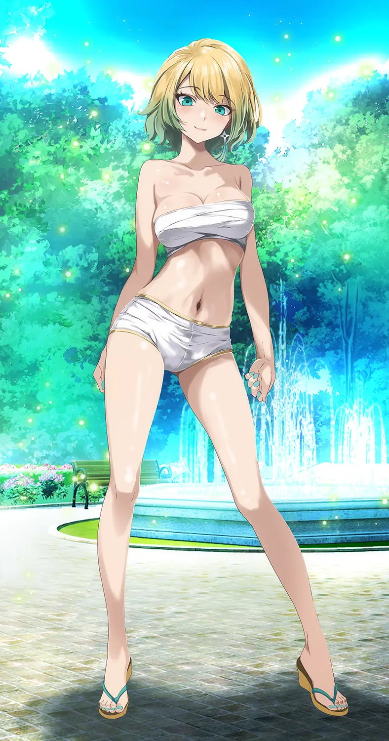 Image 1girls,breasts,female,female_only,highres,looking_at_viewer,smile,solo,bangs,blue_eyes,gloves,navel,short_hair,thighhighs,panties,underwear,earrings,gradient_hair,multicolored_hair,water,bare_midriff,bare_shoulders,cleavage,collarbone,jewelry,midriff,shoulders,blonde_hair,legs,medium_breasts,nail_polish,nintendo,outdoors,white_panties,official_alternate_costume,alternate_costume,fire_emblem,fire_emblem_heroes,tree,yellow_hair,blue_nails,ninja,shuriken,weapon,day,sunlight,kunai,sandals,bandages,white_shorts,bare_legs,bare_arms,zouri,slender_legs,park,bench,bush,road,sarashi,wedge_heels,fjorm_(fire_emblem),fountain,slender,park_bench,white_mask,bloom,thong_footwear,chest_sarashi,tsukishiro_saika
