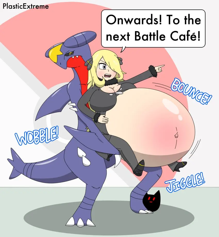 Image 1girls,female,pokemon,pokemon_(species),colored,tagme,inflation,dialogue,cynthia_(pokemon),pokémon_(species),carrying_another,bloated_belly,hyper_belly,garchomp,stuffed_belly,plasticextreme