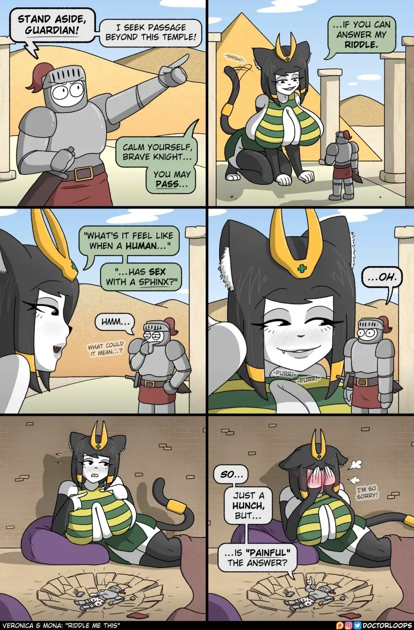 Image 1girls,big_breasts,breasts,female,1boy,animal_ears,black_hair,male,tail,cat_ears,catgirl,embarrassed,cleavage,2d,text,mythology,original,after_sex,cat_tail,comic,english_text,egyptian,mythological_creature,meme,giantess,funny,knight,apologizing,humor,doctorloops,veronica_and_mona,mythological_sphinx,sphinx,comedy,veronica_(doctorloops)