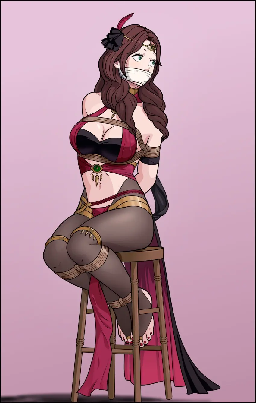 Image 1girls,breasts,female,female_only,hair_ornament,large_breasts,long_hair,solo,navel,sweat,looking_back,headwear,bare_midriff,bare_shoulders,cleavage,collarbone,midriff,shoulders,feathers,green_eyes,sitting,nail_polish,brown_hair,nintendo,restrained,revealing_clothes,official_alternate_costume,alternate_costume,fire_emblem,fire_emblem:_three_houses,captured,fire_emblem_heroes,bondage,wide_eyed,femsub,stirrup_legwear,pantyhose,nervous,bound,bound_wrists,gag,bound_to_chair,chair,raised_eyebrows,pink_background,arms_behind_back,rope,red_nails,bare_arms,rope_bondage,bound_arms,pelvic_curtain,toeless_legwear,bound_legs,hair_over_shoulder,on_chair,dancer,dorothea_arnault,dorothea_arnault_(plegian),feather_hair_ornament,plegian,just_some_guy