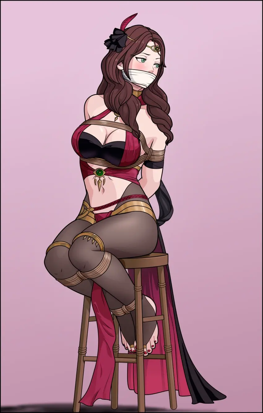 Image 1girls,blush,breasts,female,female_only,hair_ornament,large_breasts,long_hair,solo,navel,looking_back,headwear,embarrassed,bare_midriff,bare_shoulders,cleavage,collarbone,midriff,shoulders,feathers,green_eyes,sitting,nail_polish,brown_hair,nintendo,restrained,revealing_clothes,official_alternate_costume,alternate_costume,fire_emblem,fire_emblem:_three_houses,captured,fire_emblem_heroes,bondage,femsub,stirrup_legwear,pantyhose,bound,bound_wrists,gag,bound_to_chair,chair,pink_background,arms_behind_back,rope,raised_eyebrow,red_nails,bare_arms,rope_bondage,bound_arms,pelvic_curtain,toeless_legwear,bound_legs,hair_over_shoulder,on_chair,dancer,dorothea_arnault,dorothea_arnault_(plegian),feather_hair_ornament,plegian,just_some_guy