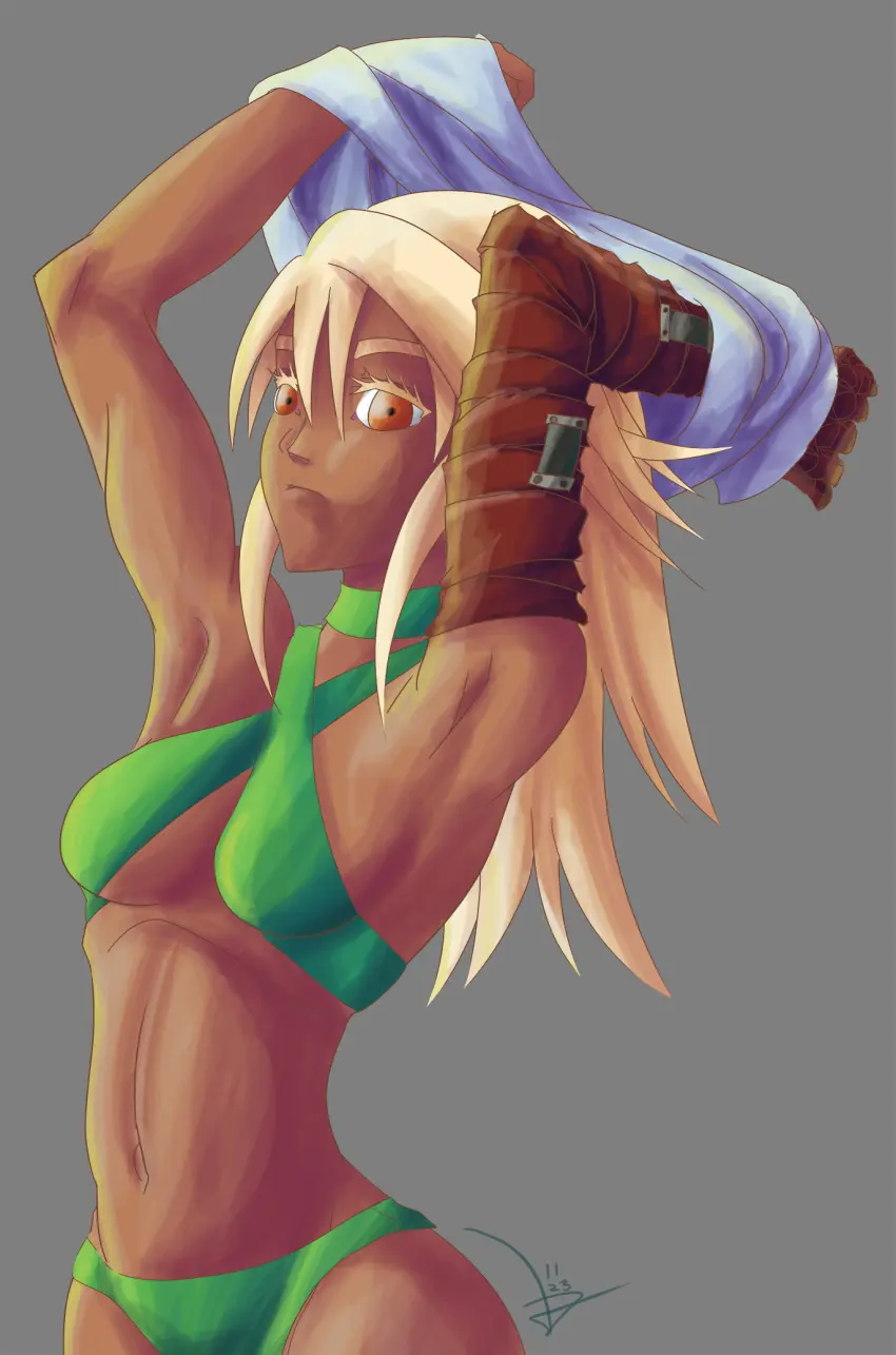 Image female,looking_at_viewer,bikini,orange_eyes,dark_skin,blonde_hair,pinup,dark-skinned_female,self_upload,not_porn,guilty_gear,guilty_gear_strive,ramlethal_valentine,houseki_yarisuke