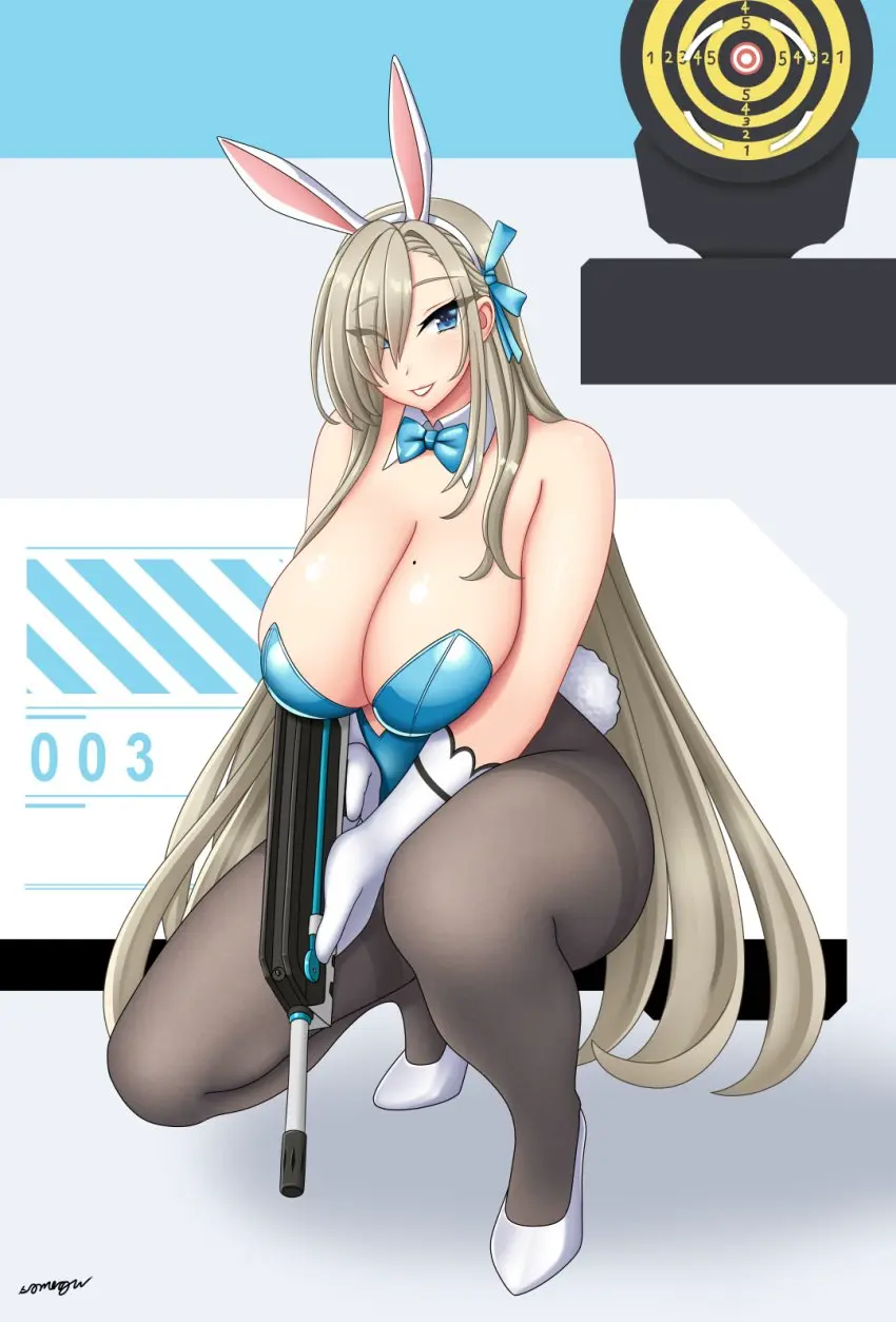 Image bow,breasts,female,highres,long_hair,solo,animal_ears,elbow_gloves,gloves,blue_archive,hair_over_one_eye,cleavage,asuna_(blue_archive),mole,mole_on_breast,rabbit_ears,detached_collar,light_brown_hair,official_alternate_costume,goddess_of_victory:_nikke,holding,playboy_bunny,leotard,fake_animal_ears,strapless,strapless_leotard,holding_weapon,weapon,pantyhose,bowtie,blue_leotard,gun,black_pantyhose,holding_gun,parody,rifle,thighband_pantyhose,on_one_knee,asuna_(bunny)_(blue_archive),blue_bow,assault_rifle,blue_bowtie,no_halo,aqua_leotard,bullpup,famas,somegu