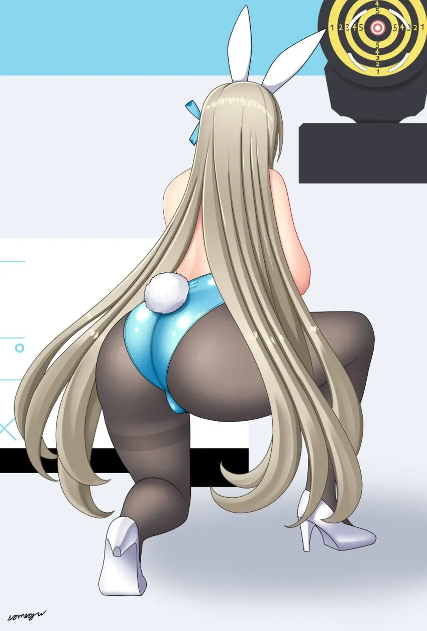 Image bow,female,highres,long_hair,solo,animal_ears,tail,blue_archive,ass,asuna_(blue_archive),rabbit_ears,light_brown_hair,official_alternate_costume,goddess_of_victory:_nikke,playboy_bunny,leotard,fake_animal_ears,strapless,strapless_leotard,weapon,pantyhose,bowtie,blue_leotard,rabbit_tail,gun,black_pantyhose,parody,rifle,thighband_pantyhose,on_one_knee,asuna_(bunny)_(blue_archive),blue_bow,assault_rifle,blue_bowtie,no_halo,aqua_leotard,somegu