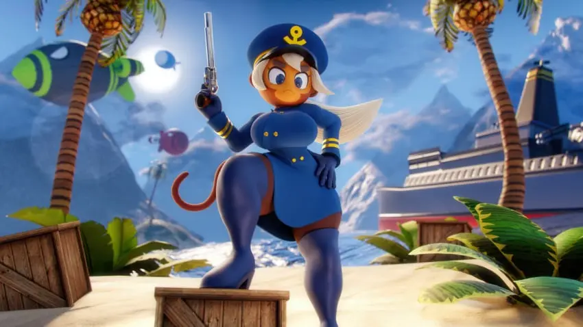 Image 1girls,breasts,clothed,female,female_only,large_breasts,solo,wide_hips,anthro,curvy,3d,hourglass_figure,weapon,palm_tree,daws19,monkey,monkey_girl,bloons_tower_defense,primate,admiral_brickell,revolver