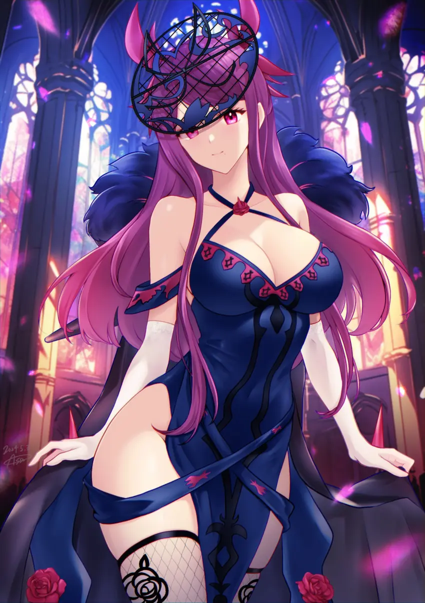 Image 1girls,breasts,female,female_only,large_breasts,long_hair,looking_at_viewer,smile,solo,very_long_hair,bangs,elbow_gloves,gloves,thighhighs,thighs,bare_shoulders,bare_thighs,cleavage,collarbone,shoulders,pink_eyes,dress,purple_hair,nintendo,skindentation,flower,fire_emblem,fishnets,window,church,fire_emblem_engage,ivy_(fire_emblem),fishnet_legwear,pelvic_curtain,fascinator,asa_(asakisafe1)