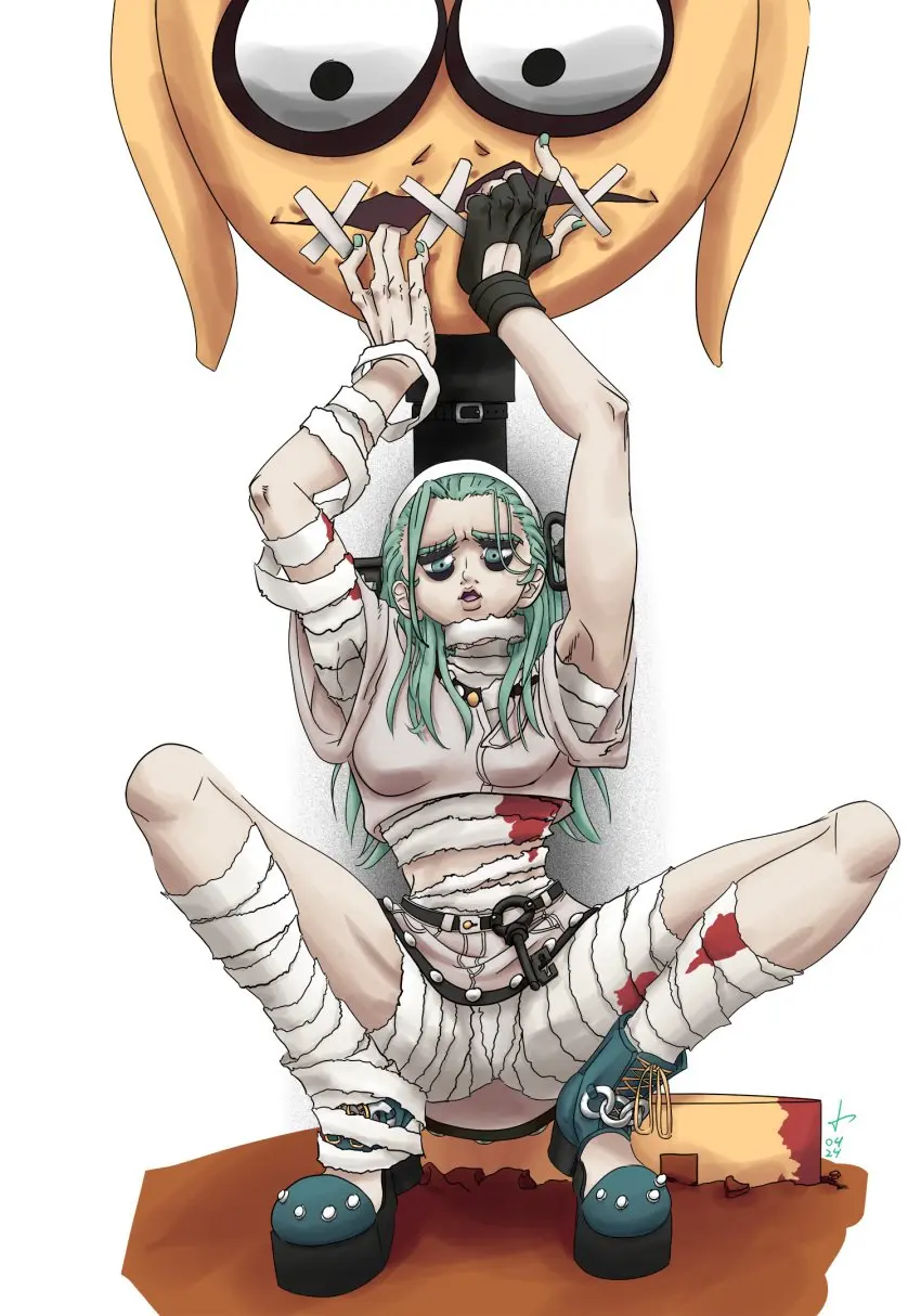 Image female,looking_at_viewer,solo_female,green_eyes,spread_legs,pinup,self_upload,green_hair,blood,fully_clothed,bandages,bags_under_eyes,gore,not_porn,guilty_gear,guilty_gear_strive,a.b.a,paracelsus,houseki_yarisuke