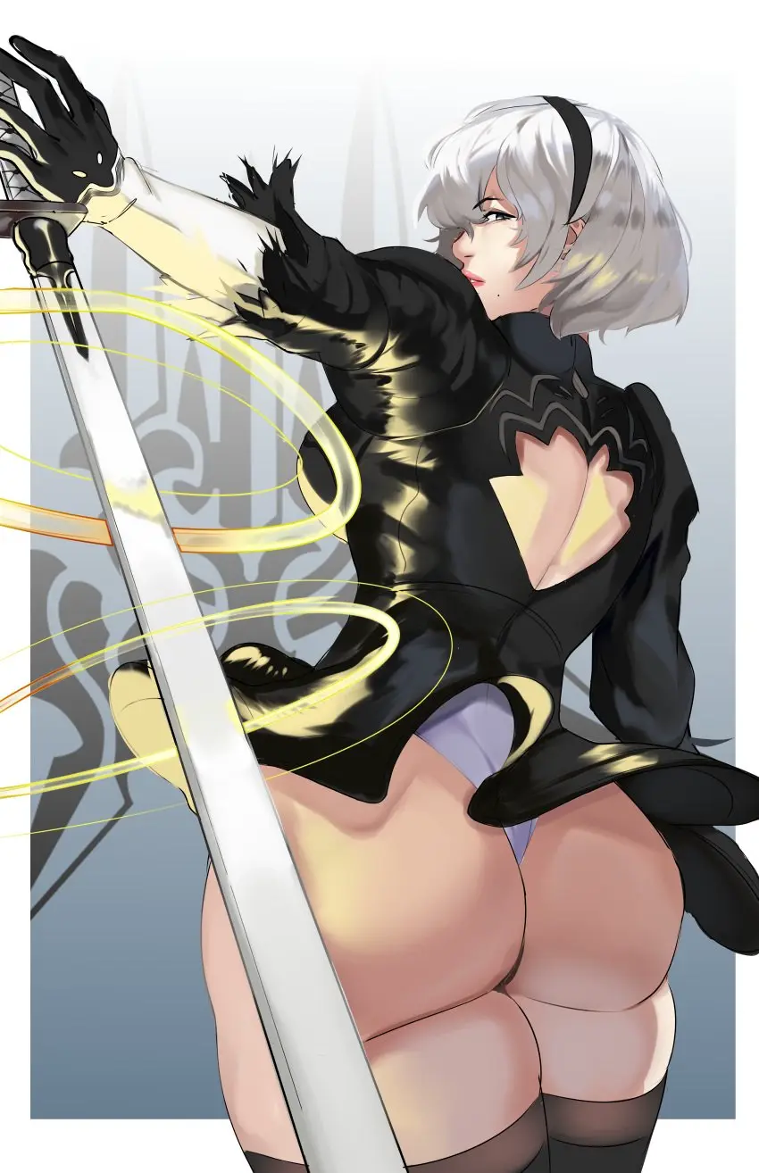 Image 1girls,breasts,clothing,female,female_only,light-skinned_female,light_skin,solo,white_hair,blue_eyes,short_hair,ass,big_ass,looking_back,hairband,skirt,rear_view,ass_focus,leotard,skirt_lift,sword,nier:_automata,yorha_2b,nier,puzzled_artist