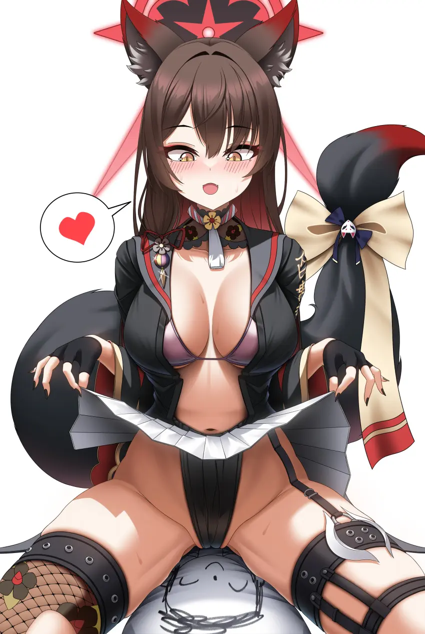Image 1girls,breasts,female,light-skinned_female,light_skin,open_mouth,animal_ears,black_hair,tail,yellow_eyes,blue_archive,cowgirl_position,belly_button,huge_breasts,halo,school_uniform,skirt,oerba_yun_fang,fox_ears,fox_girl,fox_tail,wakamo_(blue_archive),spoken_heart,pillow,uniform,dakimakura,skirt_lift,on_pillow,allied_hyakkiyako_academy_student,body_pillow,seven_prisoners_(blue_archive),arona's_sensei_doodle_(blue_archive),leehamin777