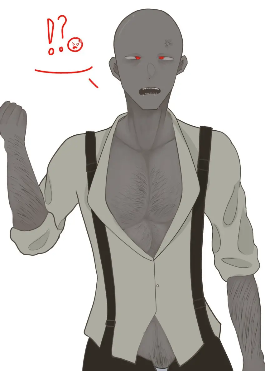 Image clothed,red_eyes,suspenders,white_background,1boy,male,drool,drooling,tagme,self_upload,sharp_teeth,male_focus,bald,roblox,black_pants,zombie,chest_hair,roblox_game,undead,guts_&_blackpowder,guts_and_blackpowder,runner_(guts_&_blackpowder),shiyori
