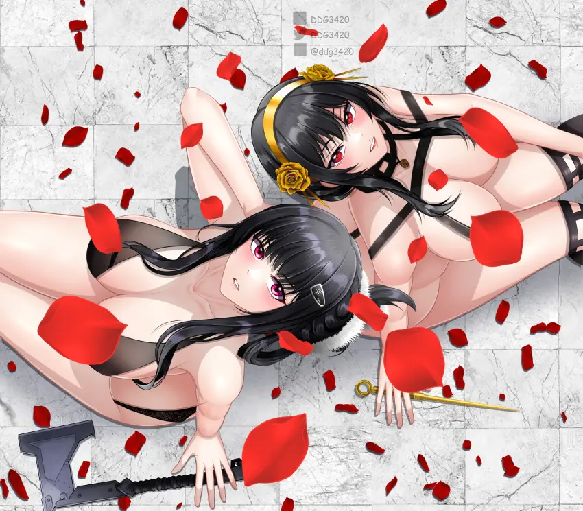 Image breasts,female,female_only,highres,human,large_breasts,2girls,absurdres,black_hair,multiple_girls,thighhighs,cleavage,hairband,from_above,mature_female,goddess_of_victory:_nikke,holding,flower,female_human,holding_weapon,weapon,naughty_face,commentary,spy_x_family,yor_briar,yor_forger,english_commentary,d_(killer_wife)_(nikke),d_(nikke),knife,rose,trait_connection,axe,dagger,assassin,thorn_princess,self-upload,gold_hairband,stiletto_(weapon),d.d.g,ddg3420,hatchet_(axe)