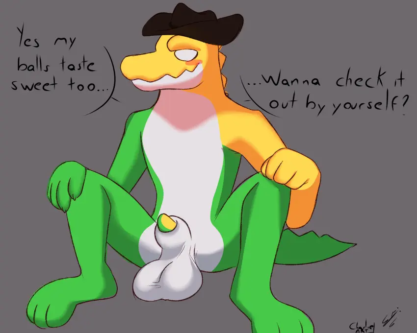 Image clothing,hi_res,simple_background,smile,solo,male,nude,penis,tail,hat,headwear,male/male,male_only,digital_media_(artwork),headgear,balls,anthro,genitals,dialogue,reptile,scalie,crocodilian,food,the_amazing_digital_circus,food_creature,candy,dessert,glitch_productions,gummigoo_(the_amazing_digital_circus),gummy_(food),living_candy,gummy_creature,charlieleobo