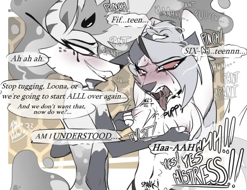 Image blush,breasts,clothing,female,grey_hair,smile,navel,tail,tongue_out,panties,tongue,underwear,small_breasts,duo,hands_behind_head,eyebrows,grin,teeth,hair,saliva_string,anthro,text,medium_breasts,mythology,demon,hair_grab,saliva,black_panties,collar,bodily_fluids,canid,canine,fur,grey_body,grey_fur,mammal,multicolored_body,multicolored_fur,dialogue,black_body,yuri,fangs,sound_effects,dominant,english_text,submissive,submissive_female,black_nose,bondage,torture,2024,white_body,female/female,body_writing,breast_size_difference,female_anthro,speech_bubble,dominant_female,breath,signature,blush_lines,slit_pupils,tuft,mythological_canine,mythological_creature,canid_demon,hellhound,helluva_boss,loona_(helluva_boss),profanity,white_fur,spikes,moan,black_underwear,panting,black_fur,black_clothing,anthro_on_anthro,white_eyes,touching_hair,hair_over_eye,one_eye_obstructed,spiked_collar,dominatrix,eye_through_hair,translucent,translucent_hair,pupils,black_eyebrows,red_sclera,talking_to_another,threatening,multi_arm,multi_limb,eyebrow_through_hair,facial_tuft,nipple_fetish,nipple_pinch,nipple_play,pinch,nipple_torture,cheek_tuft,running_makeup,black_text,talking_to_partner,running_mascara,4_arms,black_collar,white_text,queen_bee-lzebub_(helluva_boss),grey_nose,honeycomb_background,restricted_palette,nipple_grab,potatonebula,translucent_text