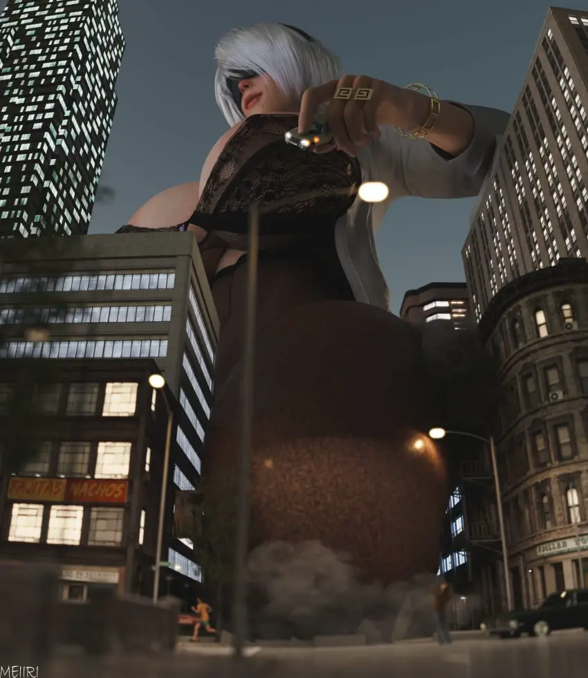 Image 1girls,big_breasts,breasts,female,light-skinned_female,light_skin,white_hair,short_hair,female_focus,areolae,hairband,size_difference,huge_breasts,3d,low-angle_view,giantess,blindfold,macro,city,destruction,office_lady,nier:_automata,yorha_2b,office_clothing,nier,jgrfgts,meiirii