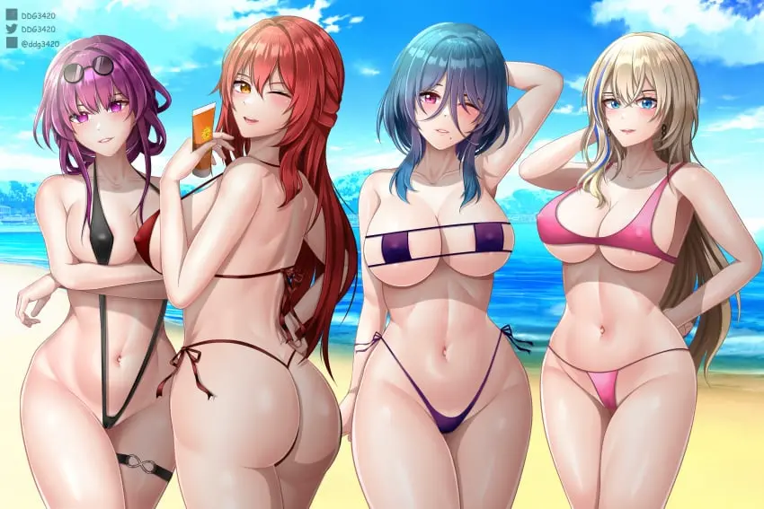 Image breasts,female,highres,absurdres,multiple_girls,navel,red_hair,bikini,beach,cleavage,covered_nipples,sideboob,underboob,blonde_hair,swimsuit,mole,back,outdoors,string_bikini,alternate_costume,stomach,thong,mole_under_mouth,sling_bikini,eyewear_on_head,g-string,areola_slip,slingshot_swimsuit,commentary,thong_bikini,honkai:_star_rail,honkai_(series),4girls,twitter_username,english_commentary,kafka_(honkai:_star_rail),himeko_(honkai:_star_rail),eyepatch_bikini,twitter_logo,facebook_logo,facebook_username,pixiv_logo,pixiv_username,side-tie_bikini_bottom,self-upload,light_purple_hair,natasha_(honkai:_star_rail),serval_landau,d.d.g,ddg3420,t-back