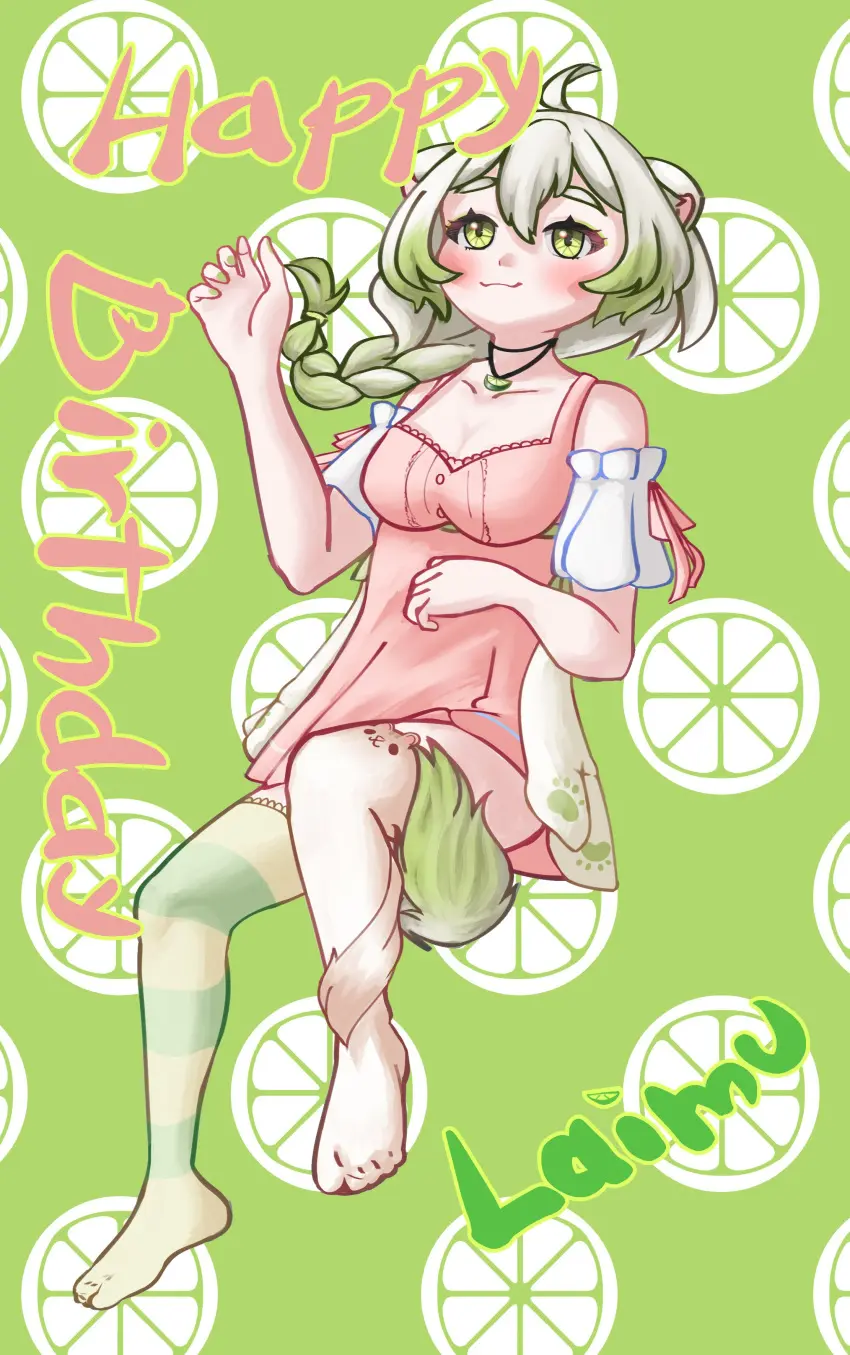 Image 1girls,breasts,female,solo,white_hair,animal_ears,multicolored_hair,virtual_youtuber,green_eyes,indie_virtual_youtuber,vinesauce,green_highlights,lime,ferret,ferret_girl,laimu