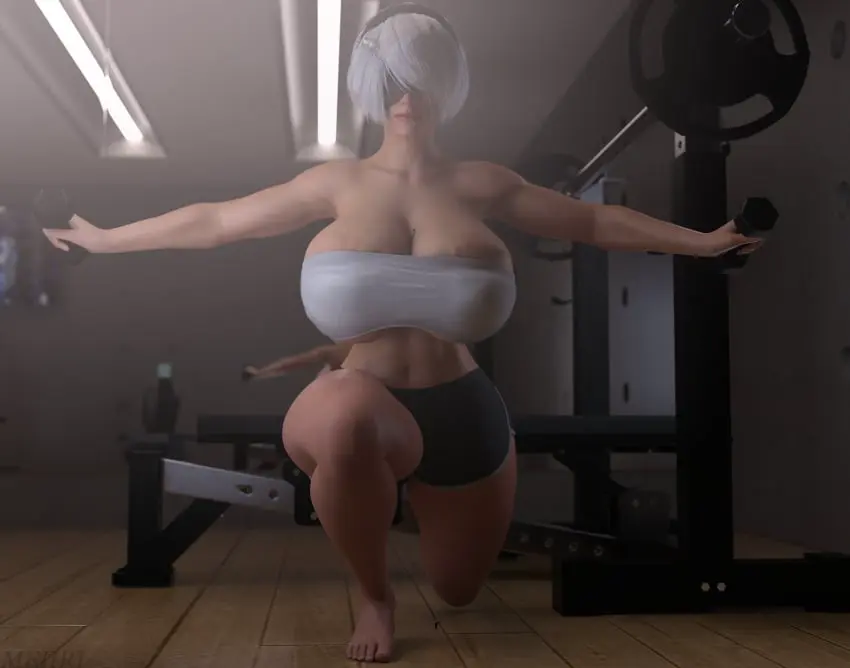 Image 1girls,big_breasts,breasts,clothing,female,light-skinned_female,light_skin,white_hair,male,short_hair,female_focus,thick_thighs,2boys,gym,hairband,size_difference,huge_breasts,3d,giantess,blindfold,between_breasts,micro,trapped,nier:_automata,yorha_2b,exercise,nier,workout,workout_clothes,jgrfgts,meiirii,trapped_in_breasts