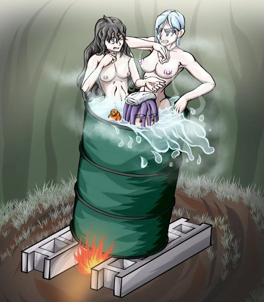 Image breasts,female,multiple_girls,nude,tagme,oc,3girls,forest,bath,oil_drum,dukeofnowhere
