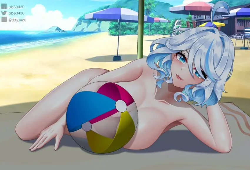 Image 1girls,breasts,female,female_only,highres,nude,short_hair,convenient_censoring,lying,beach,completely_nude,genshin_impact,sand,furina_(genshin_impact),summer,commentary,twitter_username,english_commentary,twitter_logo,facebook_logo,facebook_username,pixiv_logo,pixiv_username,censored_nipples,beachball,light_smile,self-upload,ball_(object),d.d.g,ddg3420