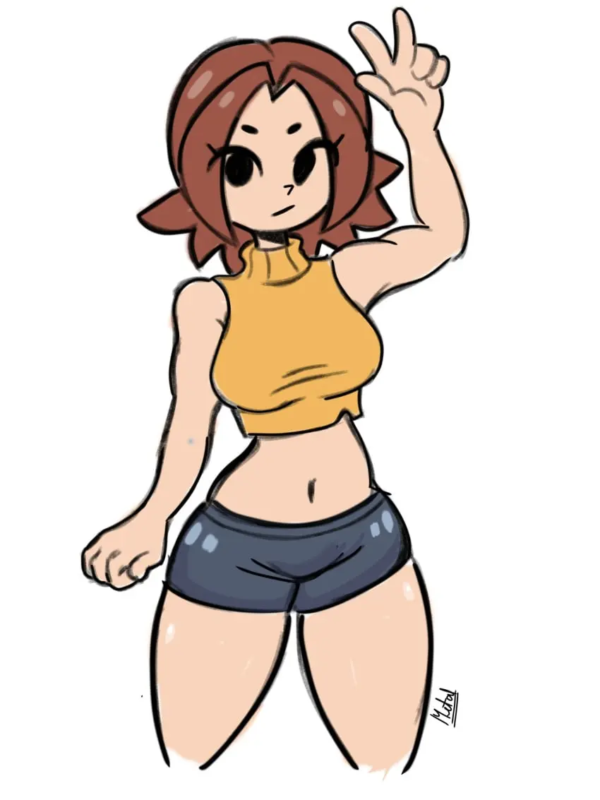 Image 1girls,breasts,female,female_only,looking_at_viewer,simple_background,solo,white_background,navel,female_focus,small_breasts,belly,belly_button,midriff,solo_female,nintendo,cute,expressionless,stomach,emotionless,shorts,peace_sign,short_shorts,tummy,mob_face,wave,mii,super_smash_bros.,super_smash_bros._for_nintendo_3ds_and_wii_u,yellow_topwear,mii_gunner,mii_gunner_(smash_4),dotted_eyes,metalboisage