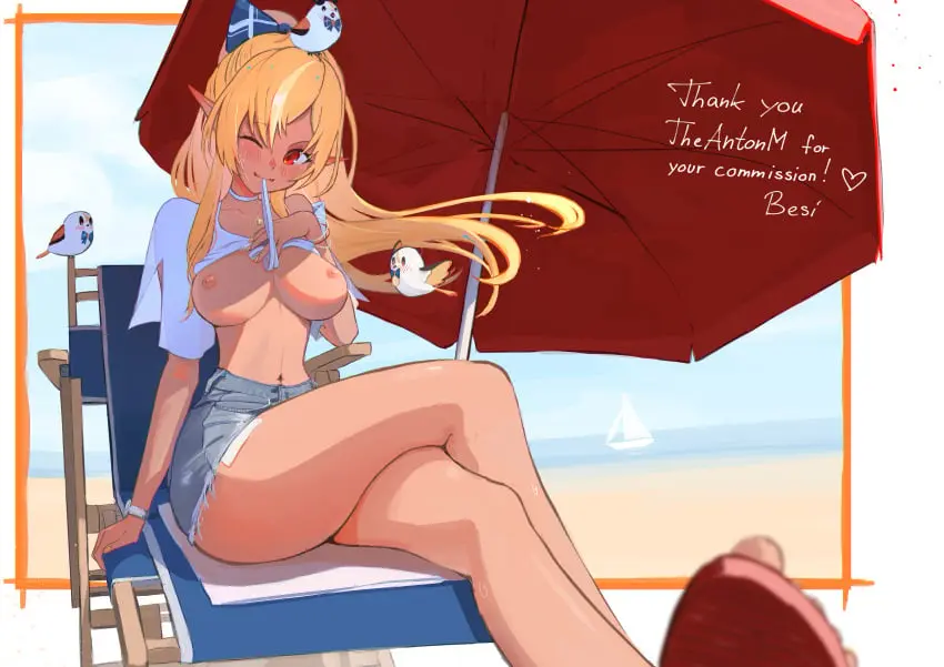 Image blush,bow,breasts,breasts_out,female,hairbow,highres,large_breasts,long_hair,looking_at_viewer,nipples,red_eyes,smile,solo,white_hair,absurdres,navel,sidelocks,bikini,multicolored_hair,ponytail,dark_skin,beach,virtual_youtuber,water,ocean,sky,cleavage,collarbone,blonde_hair,swimsuit,elf,pointy_ears,hololive,hololive_fantasy,hololive_japan,dark-skinned_female,outdoors,streaked_hair,sand,shorts,high_ponytail,dark_elf,commission,blue_sky,day,sandals,denim,denim_shorts,beach_chair,beach_umbrella,umbrella,horizon,shiranui_flare,besi_(besidoesart),elfriend_(shiranui_flare)