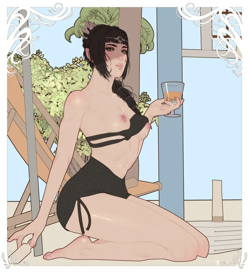 Image female,female_only,black_hair,kneeling,piercing,holding_object,makeup,shorts,mascara,nipple_piercing,baldur's_gate_3,dungeons_and_dragons,baldur's_gate,shadowheart,galaad1800,holding_glass