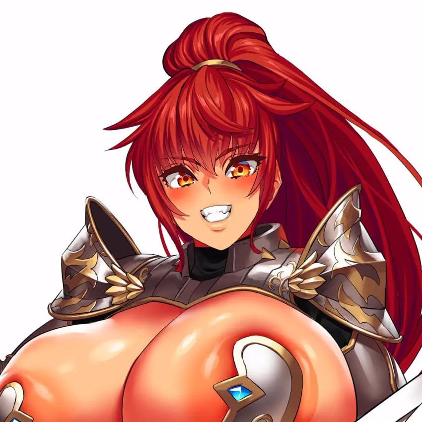 Image blush,breasts,female,female_only,long_hair,looking_at_viewer,smile,white_background,red_hair,female_focus,orange_eyes,ponytail,areolae,smiling,smiling_at_viewer,eyebrows_visible_through_hair,teeth_showing,gigantic_breasts,original_character,hair_between_eyes,large_areolae,upper_body,skimpy,areola_slip,armor,bikini_armor,hair_tie,skimpy_armor,obui