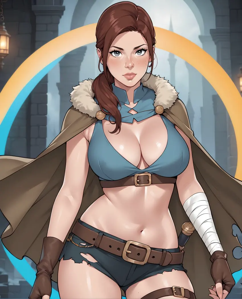 Image breasts,female,hi_res,solo,ai_generated,cleavage,midriff,medium_breasts,original,original_character,shorts,adventurer,cloak,mexkwigo