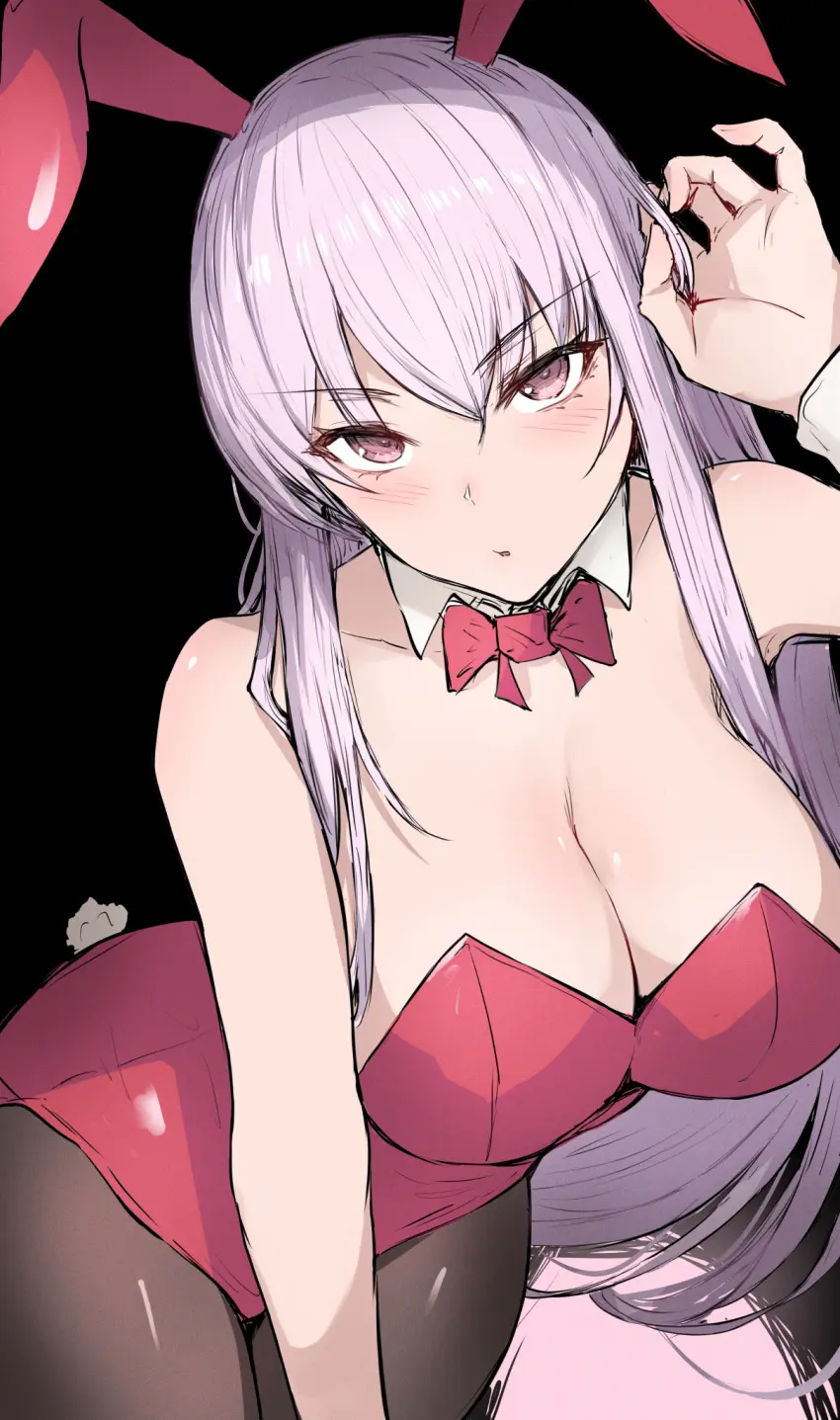 Image 1girls,blush,breasts,female,hi_res,long_hair,looking_at_viewer,standing,white_skin,virtual_youtuber,bare_shoulders,black_background,huge_breasts,pink_hair,pink_eyes,hololive,bent_over,straight_hair,playboy_bunny,hololive_english,hololive_myth,mori_calliope,adjusting_hair,sakiya,red_bunnysuit