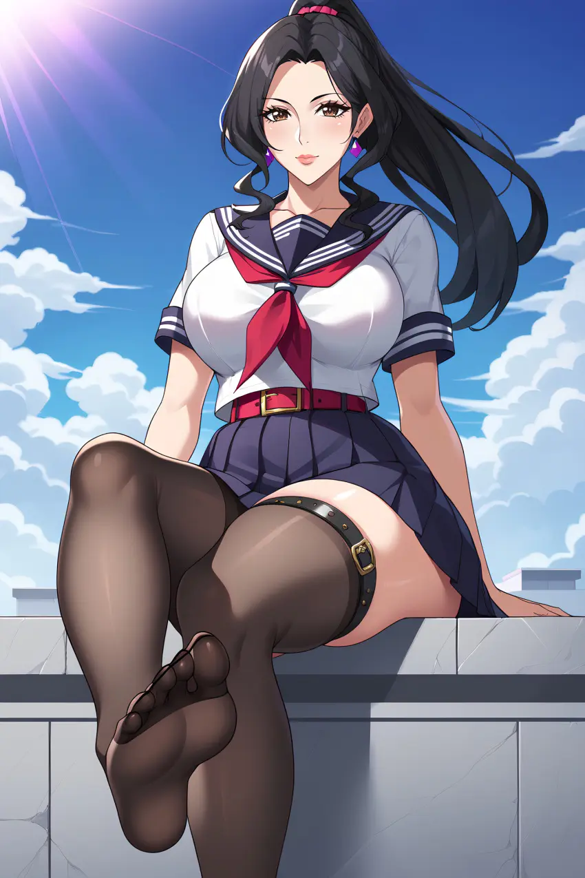 Image big_breasts,breasts,female,hi_res,solo,black_hair,thighhighs,ponytail,feet,ai_generated,sitting,original,original_character,stockings,school_uniform,mature_female,outdoors,skirt,soles,serafuku,thigh_strap,sailor_collar,mexkwigo