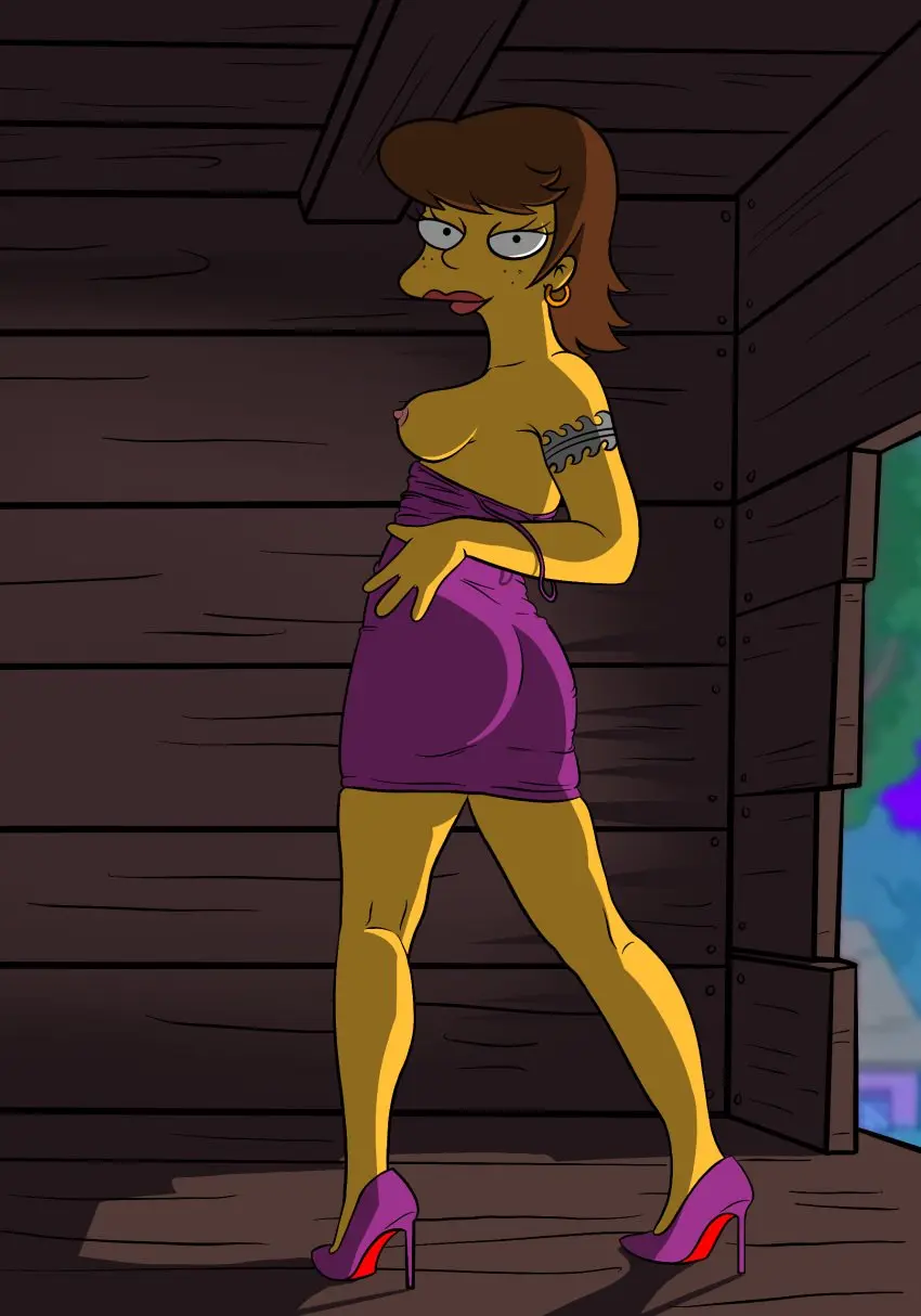 Image 1girls,breasts,female,female_only,solo,voluptuous,tattoo,voluptuous_female,dress,teenager,teenage_girl,accurate_art_style,brown_hair,high_heels,yellow_body,lipstick,freckles_on_face,yellow_skin,the_simpsons,purple_dress,ear_ring,20th_century_studios,20th_century_fox,lockandlewd,shauna_chalmers