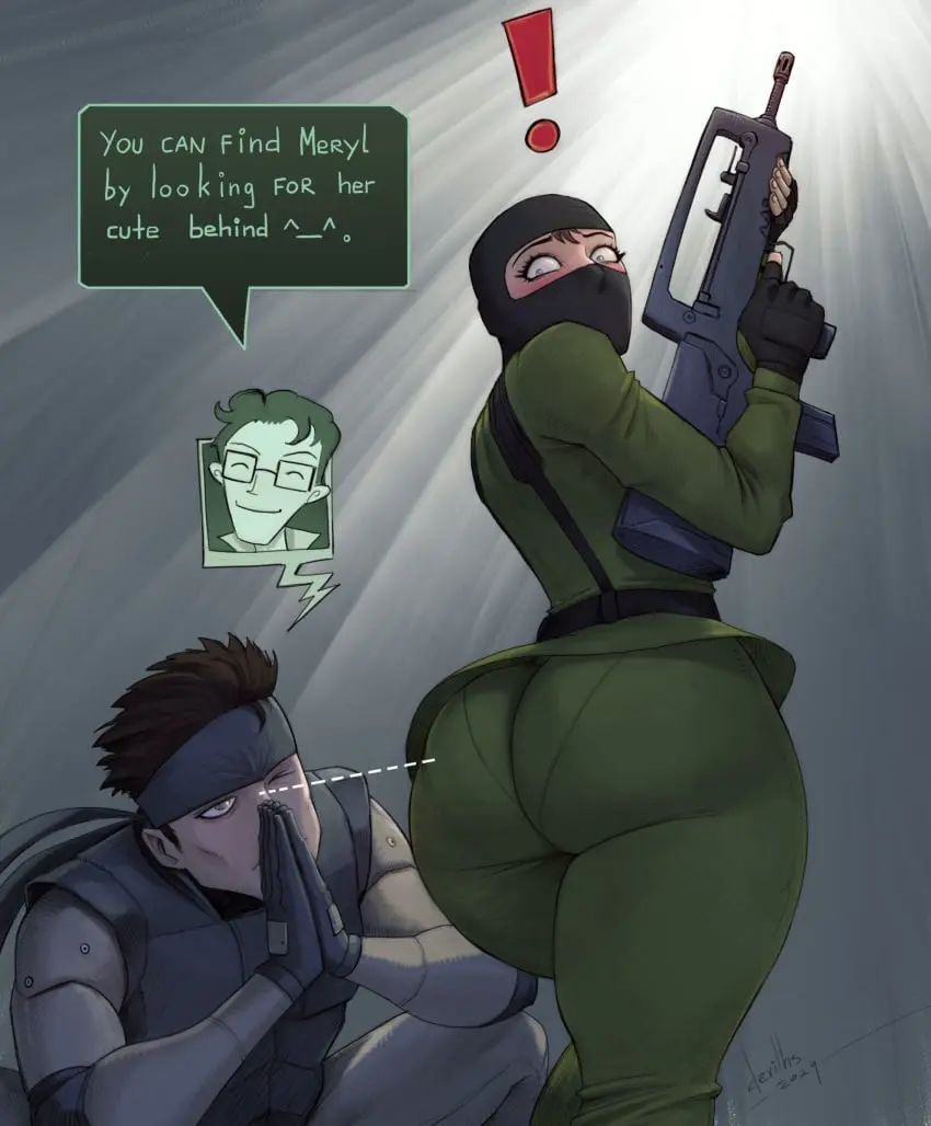 Image 1girls,female,highres,1boy,gloves,male,ass,big_ass,big_butt,huge_ass,huge_butt,thick_thighs,fat_ass,tagme,thick,tight_clothing,ass_focus,high_resolution,large_ass,large_butt,fingerless_gloves,butt,fully_clothed,mask,konami,gun,humor,pantylines,metal_gear,metal_gear_solid,solid_snake,meryl_silverburgh,hal_emmerich