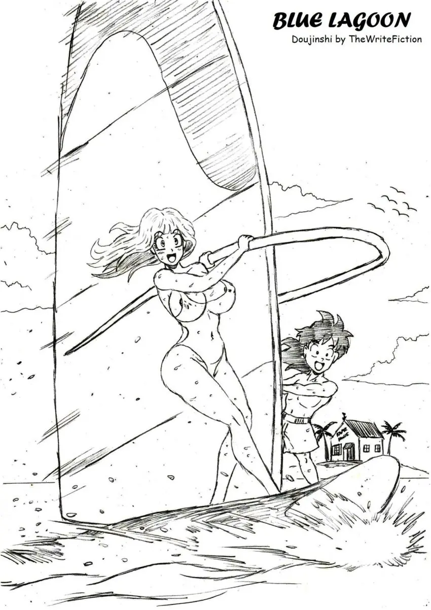 Image 1girls,breasts,female,1boy,male,beach,ocean,cleavage,swimsuit,dragon_ball,dragon_ball_z,kame_house,black_and_white,wet_body,swimming_trunks,doujinshi,cover_page,maron,waves,son_gohan,thewritefiction,son_gohan_(young)