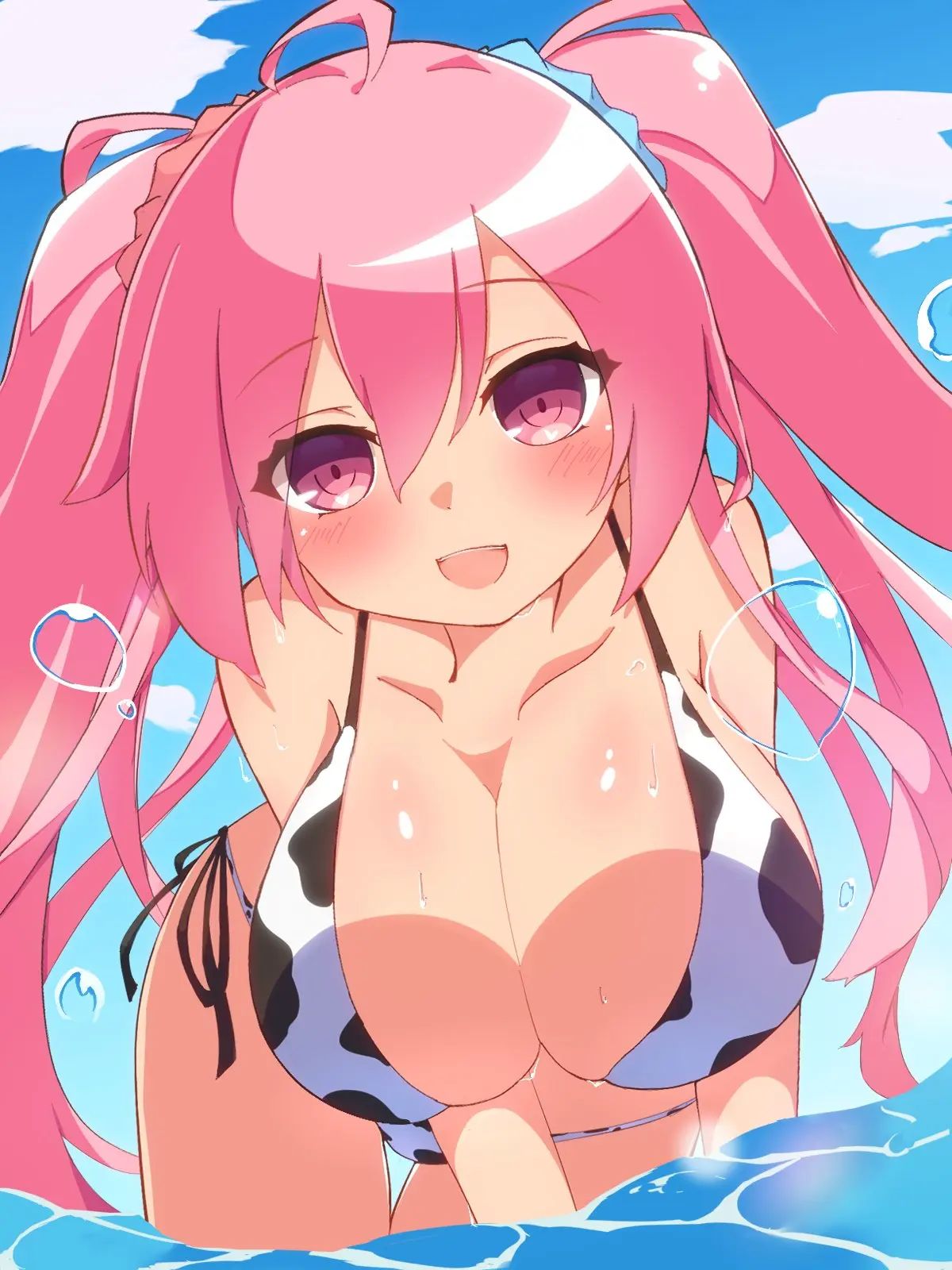 Image 1girls,breasts,female,open_mouth,smile,beach,ocean,huge_breasts,cow_print,bent_over,cow_print_bikini,partially_submerged,rasis,sound_voltex