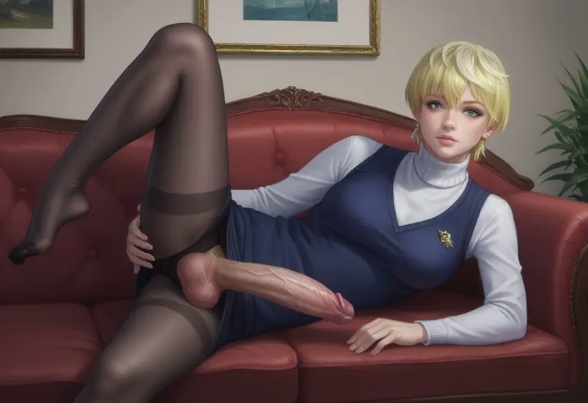 Image breasts,looking_at_viewer,solo,blue_eyes,penis,short_hair,lying,earrings,1futa,erection,futanari,intersex,veins,feet,ai_generated,jewelry,balls,veiny_penis,blonde_hair,spread_legs,lips,on_side,no_shoes,testicles,futa_only,pubic_hair,skirt,couch,leg_up,sweater,turtleneck,turtleneck_sweater,vein,glans,skirt_lift,pantyhose,vest,reclining,black_pantyhose,babski326,thighband_pantyhose,izumo_tenka,mato_seihei_no_slave,purple_glans