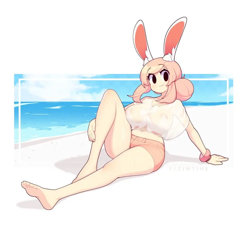 Image 1girls,female,female_only,hi_res,looking_at_viewer,solo,beach,feet,smiling,smiling_at_viewer,pink_hair,sitting,tied_hair,original,bunny_ears,bunny_girl,black_eyes,shorts,wet_clothes,t-shirt,bent_leg,seaside,wet_t-shirt,fiz,fizintine
