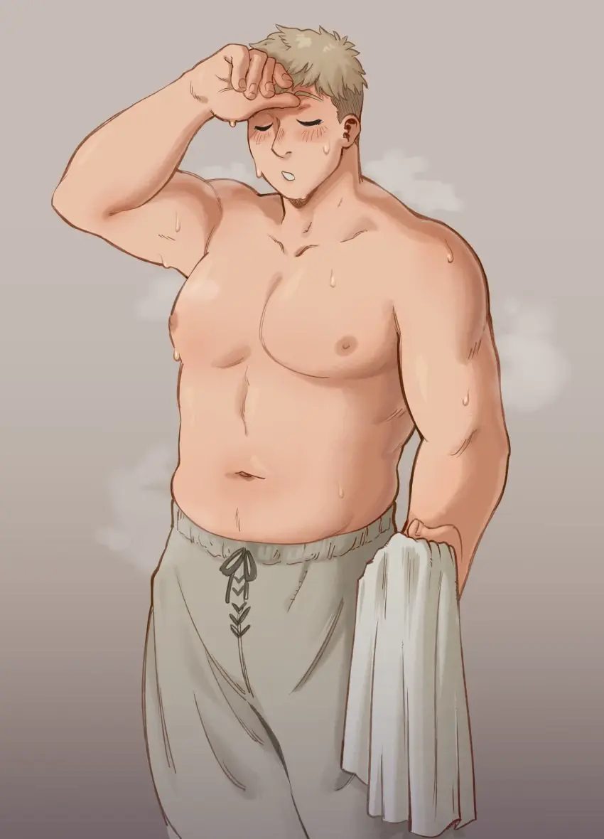 Image blush,human,human_only,pants,solo,1boy,male,short_hair,sweat,male_only,absurd_res,brown_hair,closed_eyes,topless,towel,dungeon_meshi,laios_touden,sfw,masculine,shaved_side,buff,delicious_in_dungeon,pepprnsalt,wiping_sweat,buff_male