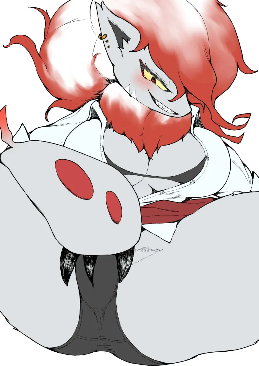 Image 1girls,big_breasts,blush,breasts,clothed,clothing,female,female_only,hi_res,red_eyes,shirt,simple_background,smile,solo,white_background,pokemon,pokemon_(species),red_hair,bra,furry,panties,underwear,smiling_at_viewer,cleavage,teeth,hair,anthro,piercing,spread_legs,spreading,nintendo,black_panties,sharp_teeth,skirt,grey_body,claws,dress_shirt,ear_piercing,2024,biped,pokemorph,furry_only,smirk,smirking_at_viewer,topwear,generation_8_pokemon,red_clothing,black_underwear,camel_toe,black_clothing,yellow_sclera,bottomwear,zoroark,ear_ring,ring_piercing,black_bra,hisuian_zoroark,hisuian_form,regional_form_(pokemon),red_skirt,hand_on_crotch,red_bottomwear,white_dress_shirt,amata