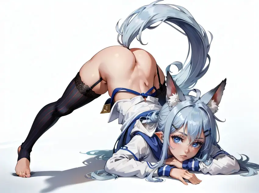 Image female,blue_eyes,blue_hair,tail,ai_generated,kemonomimi,pose,bottomless,bottomless_female