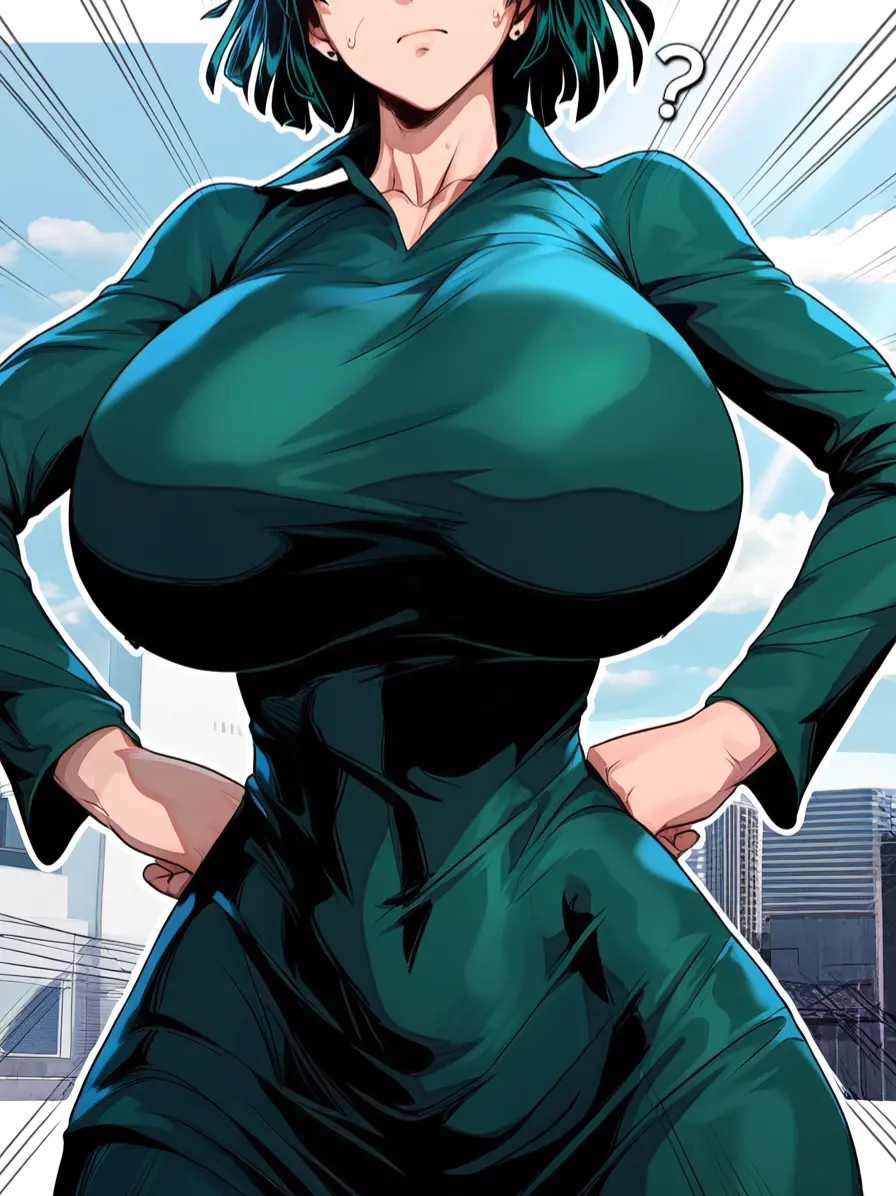 Image breasts,female,short_hair,head_out_of_frame,wide_hips,ai_generated,round_breasts,huge_breasts,breasts_bigger_than_head,massive_breasts,green_eyes,pose,sweatdrop,green_hair,tight_clothing,impossible_clothes,skinny,thin_waist,breast_focus,one-punch_man,city,confused,question_mark,fubuki_(one-punch_man),city_background,hands_on_hips,narrow_waist,tight_dress,skintight_clothing,green_dress,cattlec,flaunting,gravity_defying_breasts,impossible_dress