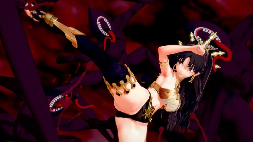 Image 1girls,breasts,female,long_hair,red_eyes,black_hair,armpits,teeth,spread_legs,monster,3d,shorts,koikatsu,long_tongue,fate_(series),fate/grand_order,ishtar_(fate),kicking,kick,lahmu,lahmu_(fate)