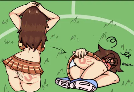 Image female,female_only,brown_hair,oc,grass,cheerleader,slapping_ass,slapping_butt,knocked_out,mizunoarkss